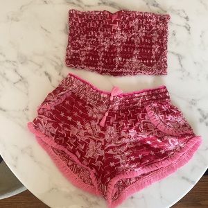 Poupette St. Barth matching silk pink and red set (sz 1 tube crop, os shorts)